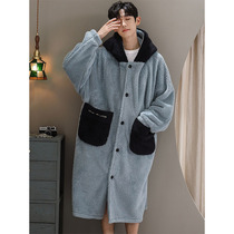 Sleeping Robe Mens Autumn Winter Coral Suede Pyjamas lengthened Warm Loose Flannel Bathrobe outside the Home Clothing Thickened