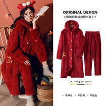 Autumn Winter Style Coral Suede Pajamas LIFE YEAR WEDDING RED SUIT SLEEPING ROBE SUIT NEW BRIDAL GOWN WOMAN BRIDAL BATHROBE