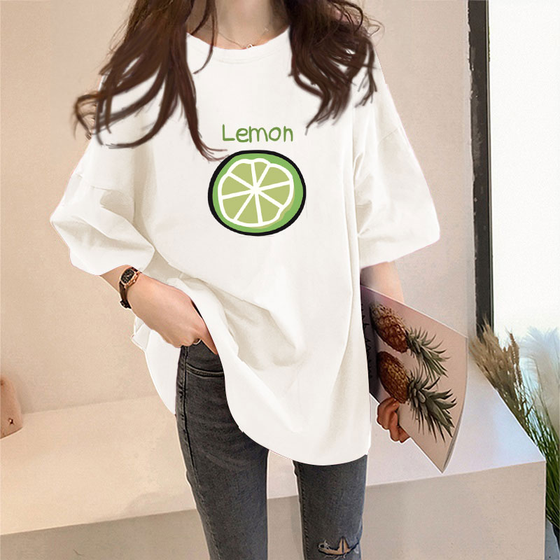 White [492 # lime letters]Big size Women's wear 2021 summer Korean version Medium and long term summer jacket Lazy wind Middle sleeve easy Short sleeve T-shirt female