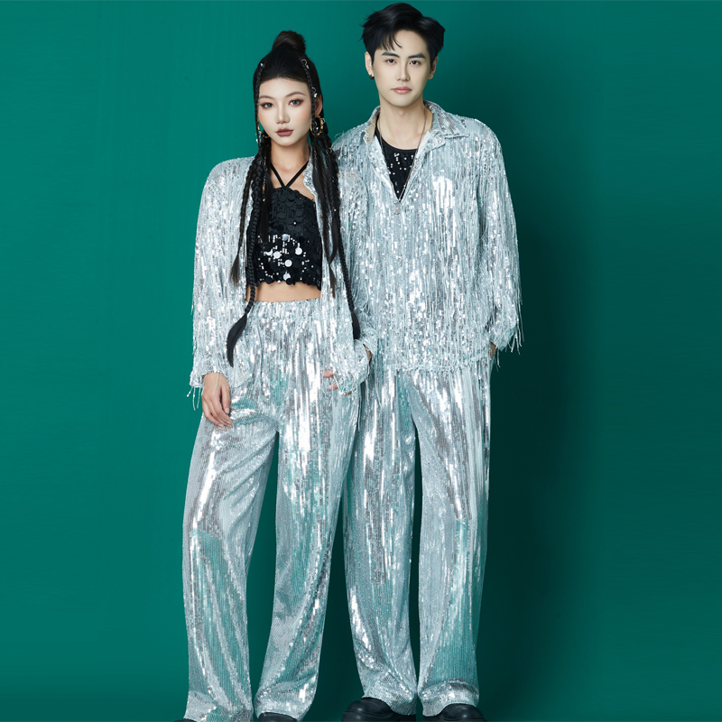New Performance Clothing, Stage Clothing, Shirt with Tassels, Sparkling Silver Sequins, Hollow Long-Sleeved Shirt, Men's Suit New Performance Clothing, Stage Clothing, Shirt with Tassels, Sparkling Silver Sequins, Hollow Long-Sleeved Shirt, Men's Suit