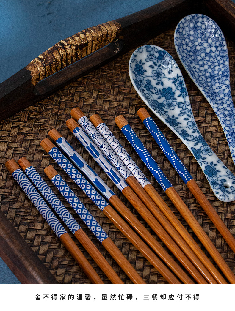 Five people use imported teaspoons of Five pairs of chopsticks sets of bamboo chopsticks + and wind patterns ceramic glaze next Five color spoon, spoon