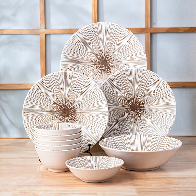 Minoyaki Mino Ware Thousand-Layer Ten-Grass Relief Tableware Japanese Imported Ceramic Bowls and Plates 8/12 Pieces for Home Use