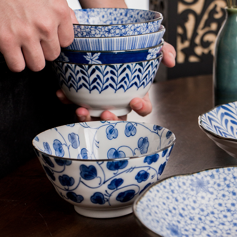 Dishes suit household Japanese ceramic tableware Dishes combine Chinese simple blue and white porcelain bowls spoons with 5 people