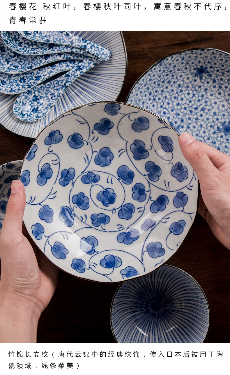 Dishes suit household Japanese ceramic tableware Dishes combine Chinese simple blue and white porcelain bowls spoons with 5 people