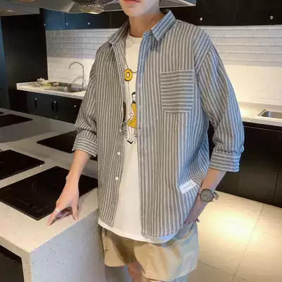 ins harbor wind short sleeve shirt men's Tide brand Harajuku stripe seven-point sleeve shirt men loose Korean version of tide heart machine inch shirt