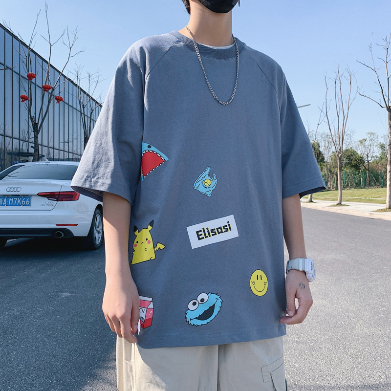 Harajuku bf style short-sleeved T-shirt men's summer new all-match casual half-sleeved T-shirt ins Hong Kong style cartoon clothes loose
