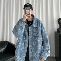 Denim coat mens spring and autumn new trend loose bear print jacket student Hong Kong style hip hop tide jacket men