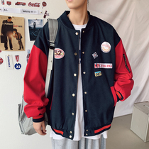 Color matching badge baseball uniform mens trend loose sports bomber jacket male student squatting class uniform spring and autumn coat