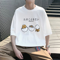 Simple t-shirt mens Hong Kong style cute cartoon print youth summer round neck white short-sleeved mens half-sleeved T-shirt