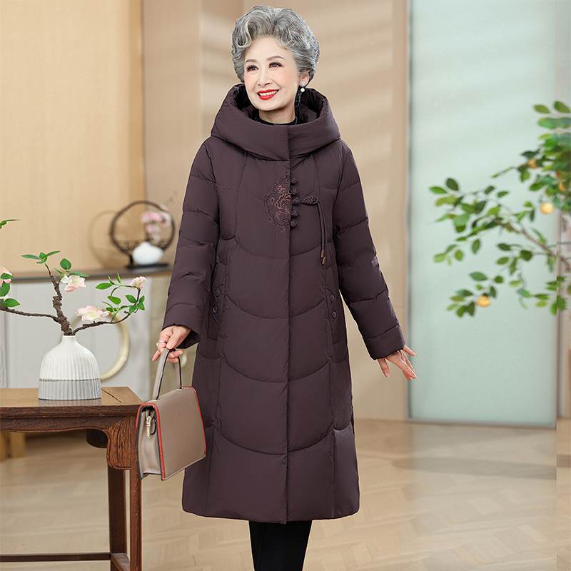 Snow Feather Duck down Jacket for Women, Mom's Style, Middle-Aged and Elderly Ladies, Mid-Length, Plus Size, Stylish Long Coat for Grandma, Winter