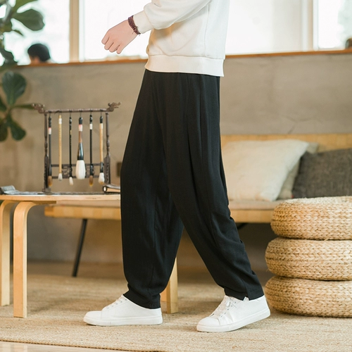 Летние тонкие дышащие штаны для отдыха, китайский стиль, из хлопка и льна, свободный прямой крой