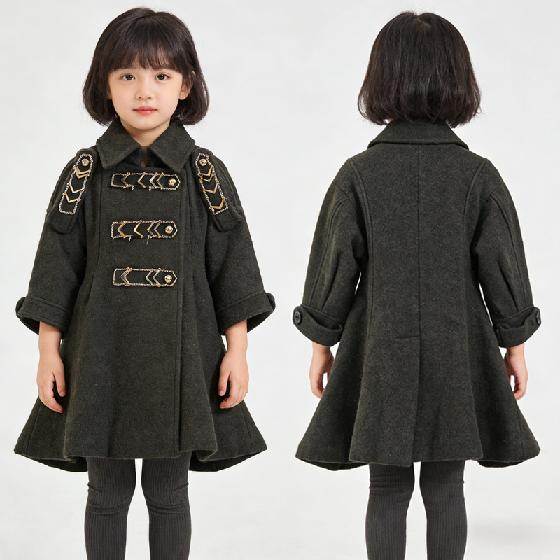 Spring, Autumn, and Winter Girls' Fashionable Waist-Cinching Navy-Style Woolen Coat, Mid-Length British-Style Dress-Style Coat, Trendy