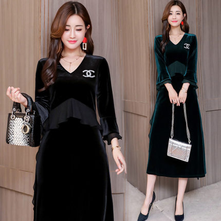 高腰中长款连衣裙2018秋品牌新款V领长袖气质