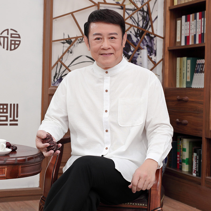 Spring Autumn Middle Aged Men Standing Shirt Dad Full Cotton Tangled Shirt Old China Wind Loose Round Collar Shirt