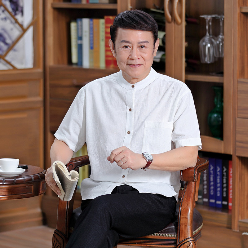 Summer middle aged men Collar Shirt Dad Full Cotton Tangled Shirt Old China Wind Loose Round Collar Shirt