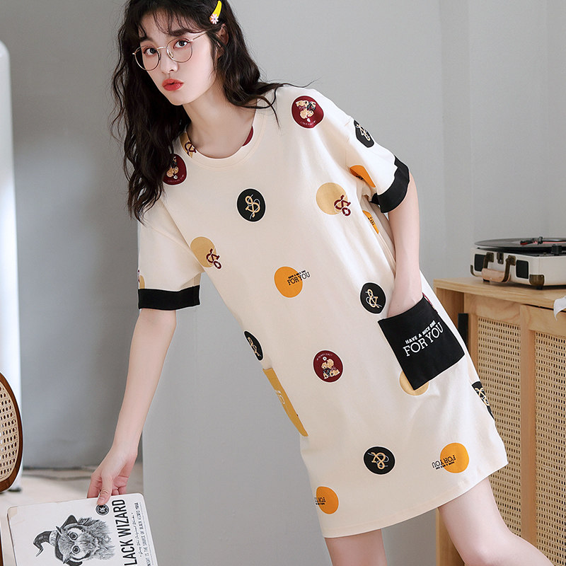 2021 new pajamas nightgown women Summer cotton short sleeve thin cute cartoon Net Red full cotton home wear
