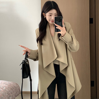 Khaki temperament large lapel lace-up windbreaker women's 2025 spring and autumn new drape ເສື້ອກັນຫນາວແບບ hepburn
