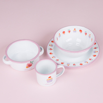 BOBAO original strawberry heart series enamel tableware Enamel bowl Childrens drinking cup Strawberry bowl Enamel plate