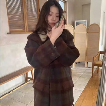 代工厂！ERUME韩国2025冬季羊毛翻领大衣女格子保暖口袋毛呢外套