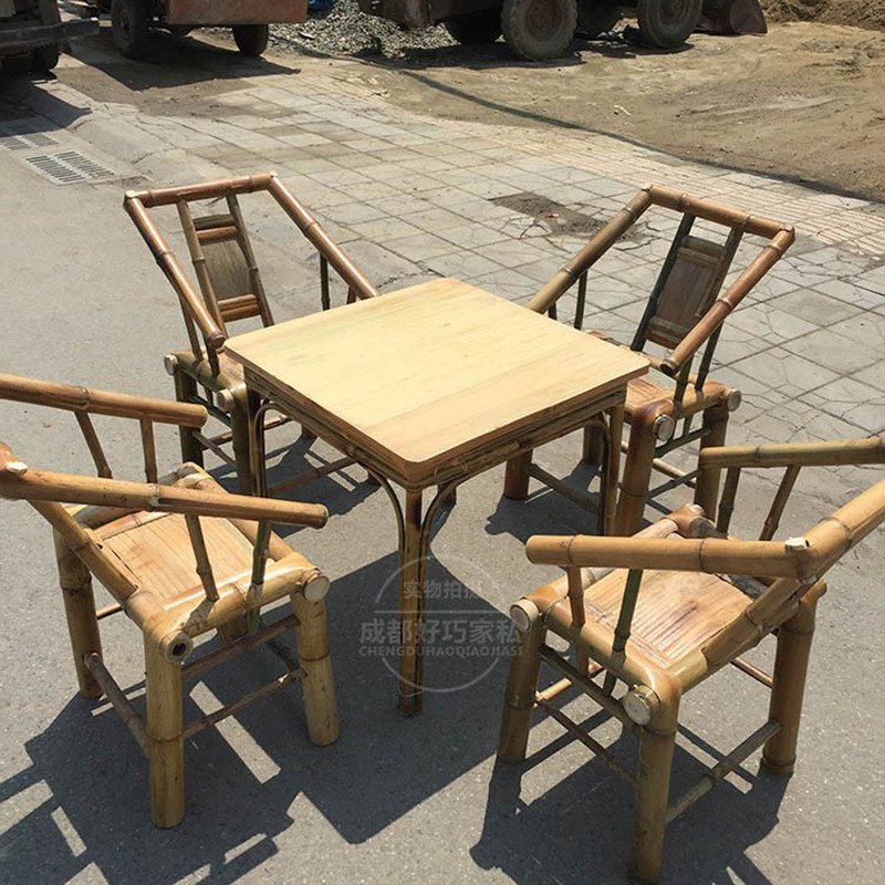 Chengdu Traditional Tea House Bamboo Tables and Chairs for Brewing Tea Around a Stove, Outdoor Courtyard Bamboo Table and Chair Set, Bamboo Tables and Chairs for Hot Pot Restaurant