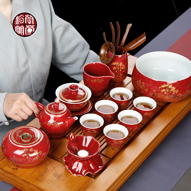 Jingdezhen ji red kung fu tea set gift boxes red wedding wedding wedding with the question of a complete set of wedding