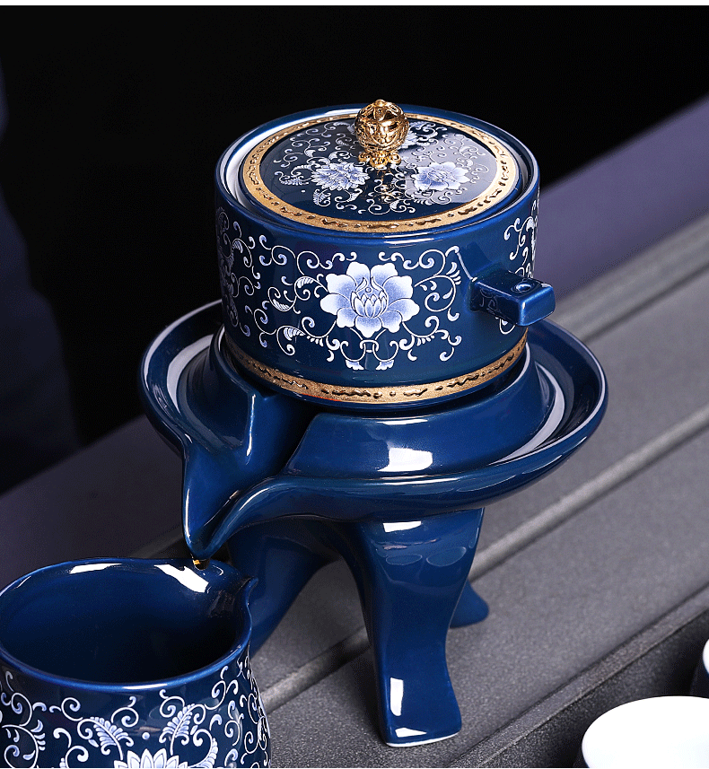 Blue and white porcelain kung fu tea set lazy people make tea with household with tea ji Blue office rotate automatically out of tea