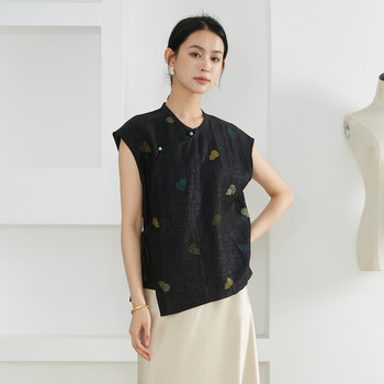 In stock 100% mulberry silk ກິ່ນຫອມ cloud yarn turtle pattern embroidery national style button top women's new chinese style diagonal placket shirt