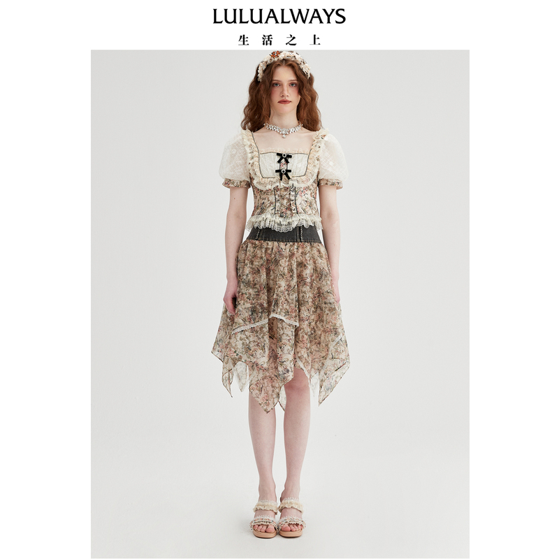 Lulualways【Same Style as in Shopping Malls】New Summer Style French Palace Retro Jacquard Lace Patchwork Shirt Lulualways【Same Style as in Shopping Malls】New Summer Style French Palace Retro Jacquard Lace Patchwork Shirt