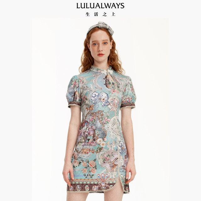 LULUALWAYS summer new printed mini dress new Chinese style waist cheongsam dress