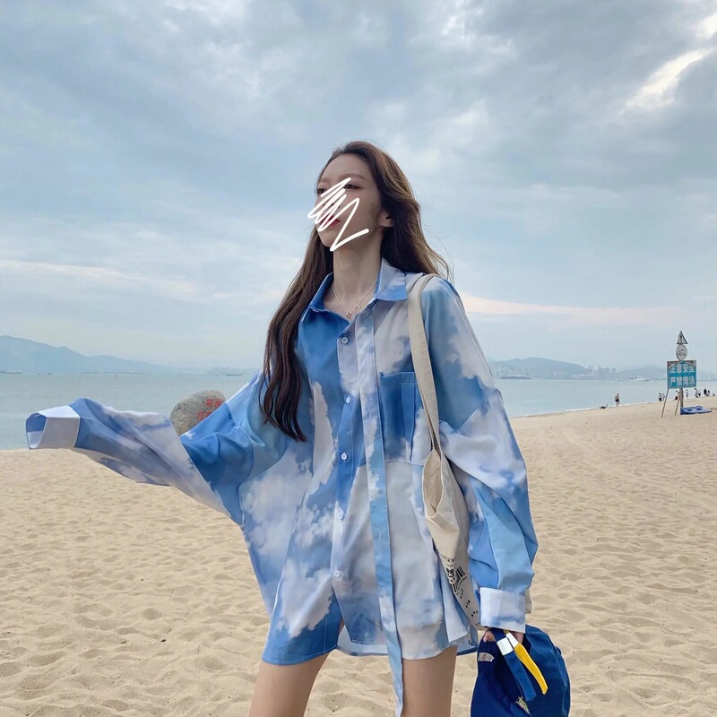2025 Spring/Summer Tie-Dye Sky Blue Shirt for Women, Summer Mid-Length Loose Fit with Draping Effect, Vacation Long-Sleeve Sun Protection Thin Top