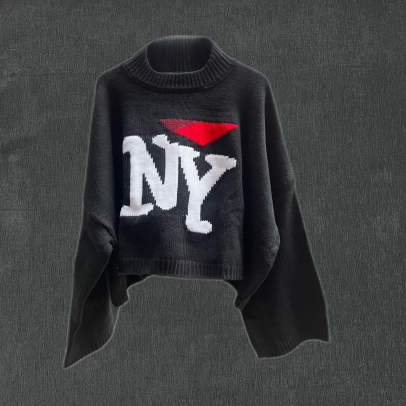 Cjzp Shan Ny Letter Jacquard Short Long-Sleeve Knit Sweater in Old Money Style, Relaxed Fit