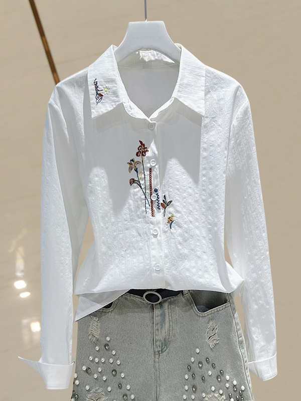 2026 Spring New Cotton Embroidered Shirt French Style Polo Collar Versatile Long Sleeve Base Shirt Slimming