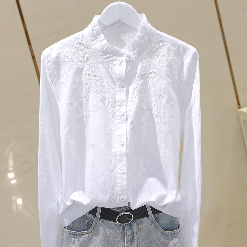 2025 Spring New Korean Style Ruffled Stand Collar Embroidered Slim Fit Cotton Shirt Long Sleeve Base Shirt Slimming Top for Women