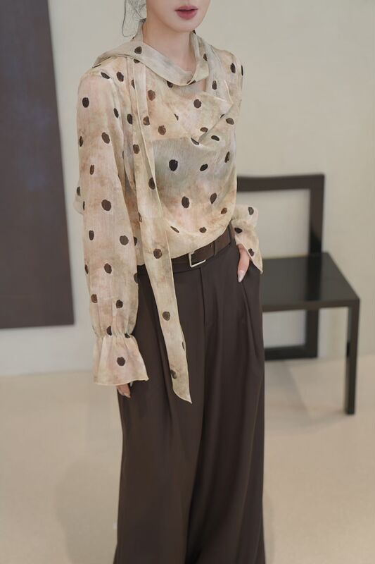 Liuics Korean Style High-End Women's Clothing Autumn New Design Light Luxury Polka Dot Long-Sleeved Shirt