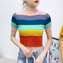 Color stripe short section leaky navel knitted T-shirt 2021 summer new repair thin rainbow color short-sleeved top for women