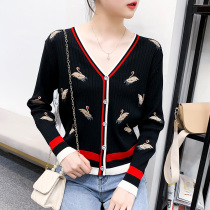 Heavy embroidery V-neck knitted cardigan thin jacket loose 2021 spring and Autumn vintage button foreign style niche top ins