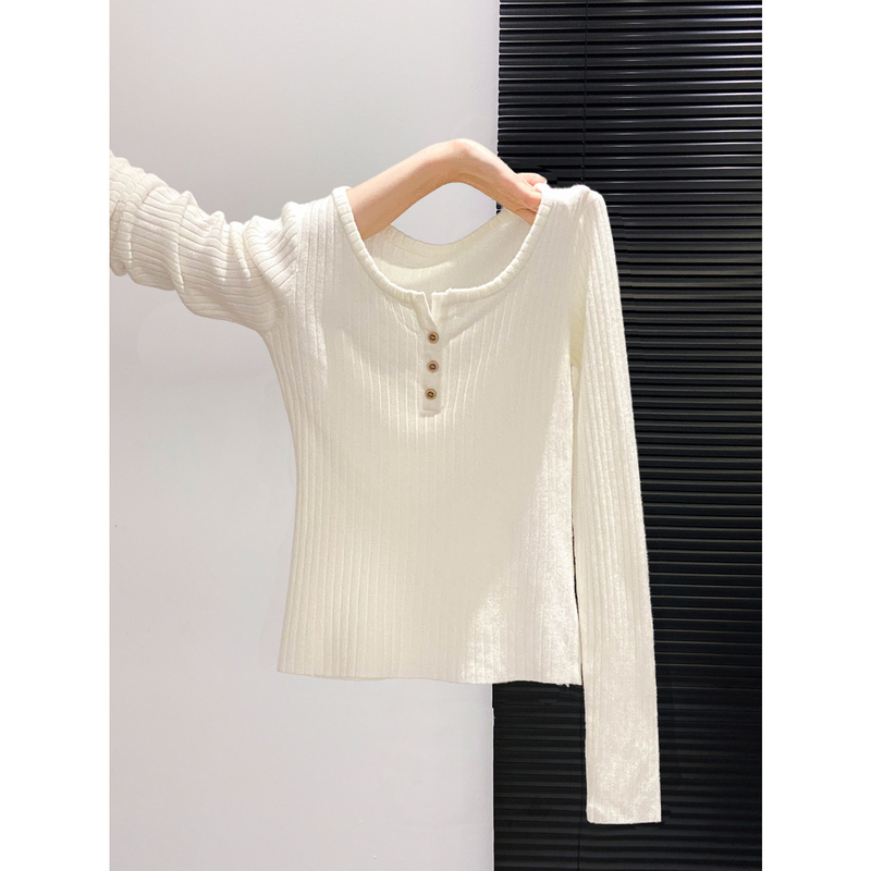 Gentle Style Ribbed Base Shirt for Women, Autumn Design with Button Half-Open Collar, Short Knit Top with Long Sleeves