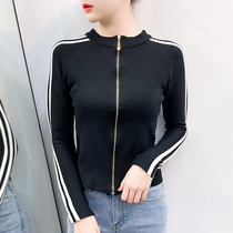 Semi-high neck zipper knitted cardigan womens long sleeve slim Korean version 2021 spring and autumn striped sportswear short coat tide