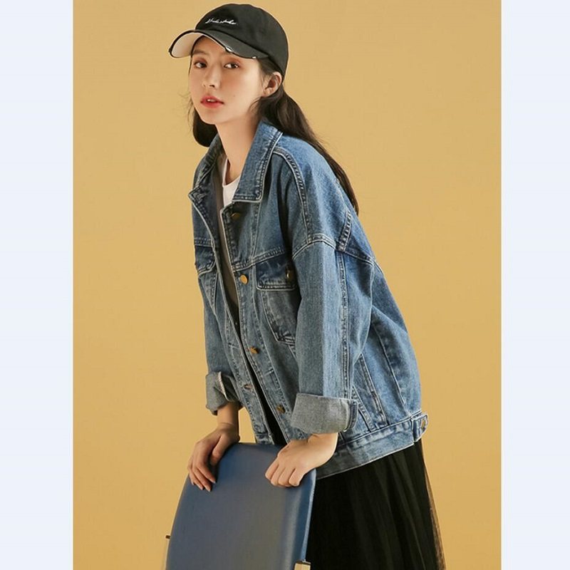 South Korean loose bf 100 lapped Korean version denim jacket woman 2022 Spring and autumn new 100 hitch long version of blouses