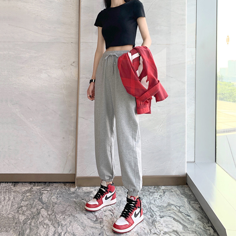 Korean gray sports pants women's 2022 summer new loose beam feet thin section small casual thick cotton pants