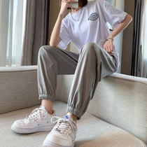 Korean ice silk sports pants womens spring and summer loose bunches casual Harun pants 2022 New light cage pants wins