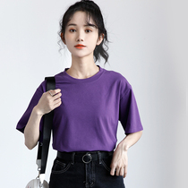 South Korea 2022 Summer new purple short sleeve T-shirt female brief about 100 lap pure color Compassionate Round Collar Bottom Blouse Tide