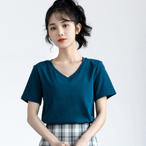 South Korea 2022 Summer new blue V collar T-shirt woman short sleeve pure color blouse 100 lap compassionate outwear the bottom blouse