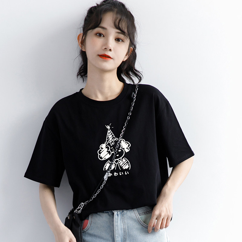 South Korea 2022 Summer new Japanese-style printed black short sleeve T-shirt female loose T-shirt Korean version blouses