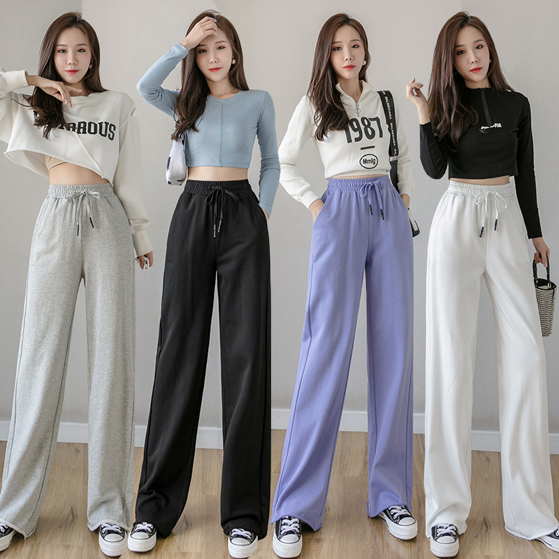 Korean Broadlegged Pants Women's Loose Sense 2022 Spring Summer New High Waist Grey Straight Drum Mopping Sports Casual Thick Cotton Pants