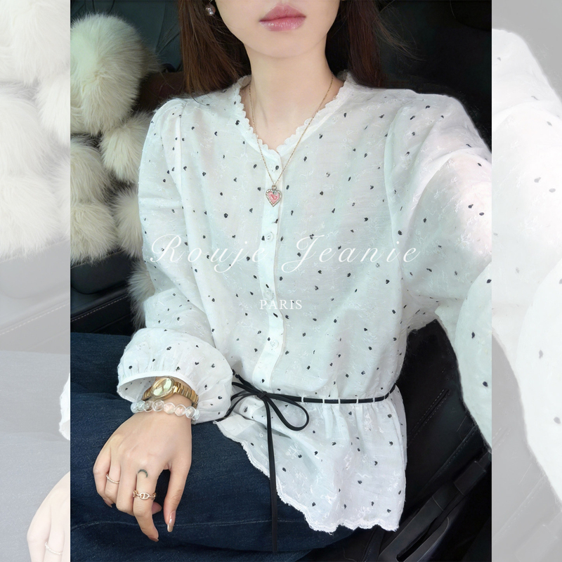 Rouje Jeanie French White Polka Dot Lace Jacquard Bow Tie Waist-Cinching Long-Sleeved Doll Shirt for Women