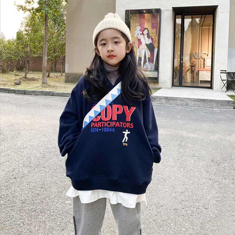 Girls' thick T-shirt spring and autumn new style korean style medium and large children's fake two pieces girls' spring loose hooded tops children's clothing
