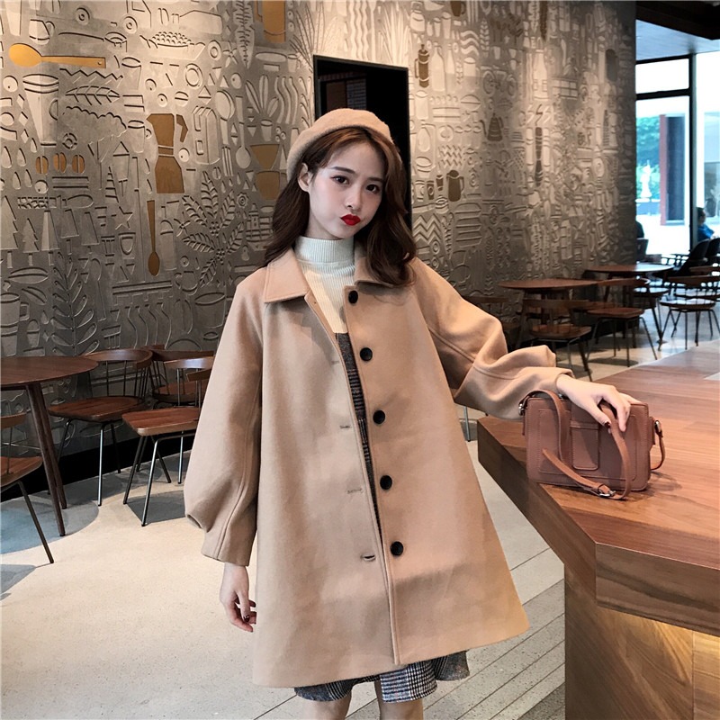 Mùa thu đông 2019 áo phổ biến phiên bản Hàn Quốc mới của phần dài lỏng lẻo của con trai nhỏ áo len Sen nữ thủy triều - Accentuated eo áo áo dạ tweed dáng dài