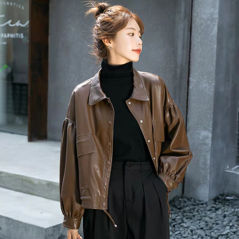 Brown Leather Jacket for Women 2024 New Short Style Spring and Autumn Hong Kong Style Retro Loose Pu Biker Jacket Popular Style