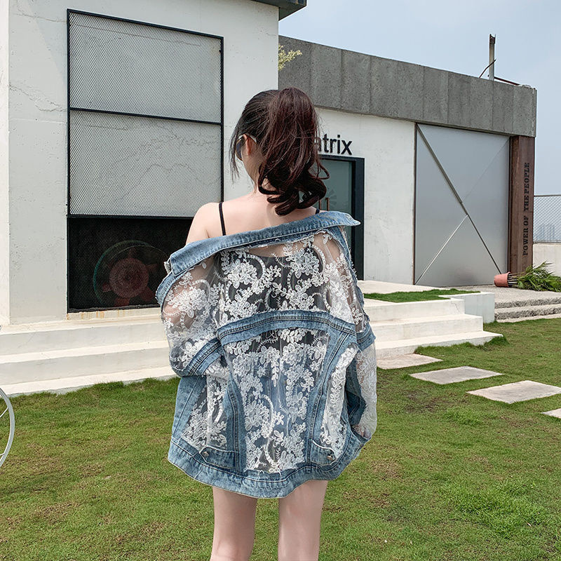 Super Fairy-Like Mesh Lace Embroidered Denim Patchwork Sun Protection Clothing for Women, New Summer Fashion, Ripped Loose Sun Protection Shirt